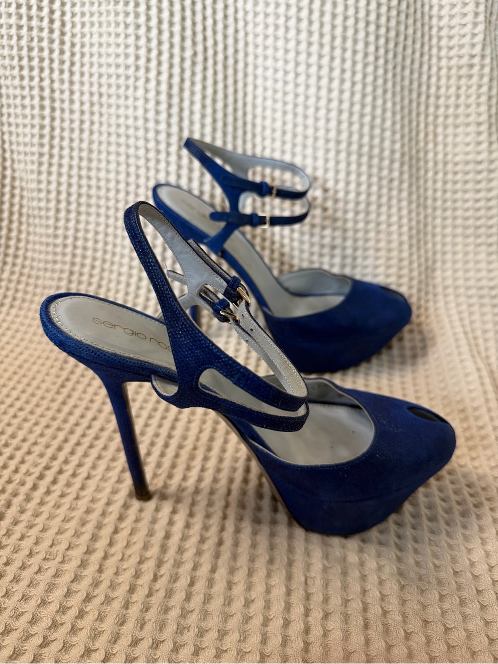 Sergio Rossi Cobalt Blue Keyhole Peep Toe Platform Slingback Heels EU 38 US 8